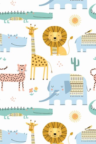 Pattern repeat of Multicolor safari animals removable wallpaper design
