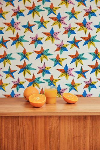 Mid-century style living room decorated with Multicolor star peel and stick wallpaper