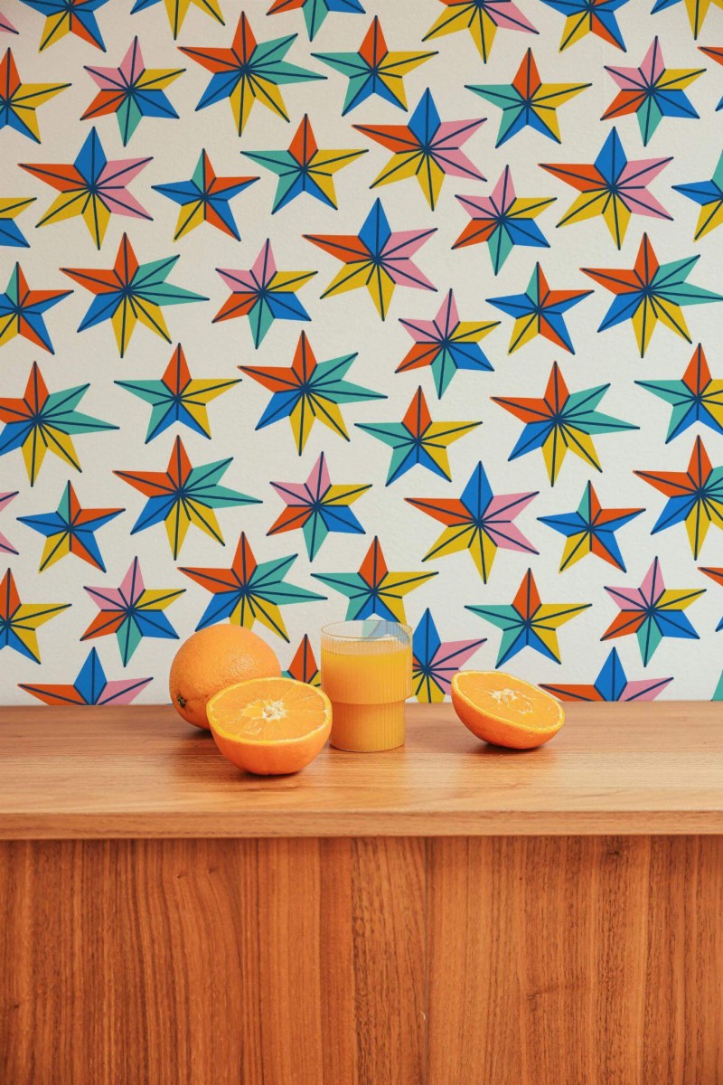 Mid-century style living room decorated with Multicolor star peel and stick wallpaper