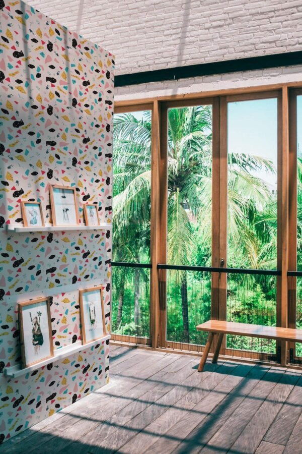 Coastal style living room decorated with Multicolor terrazzo peel and stick wallpaper