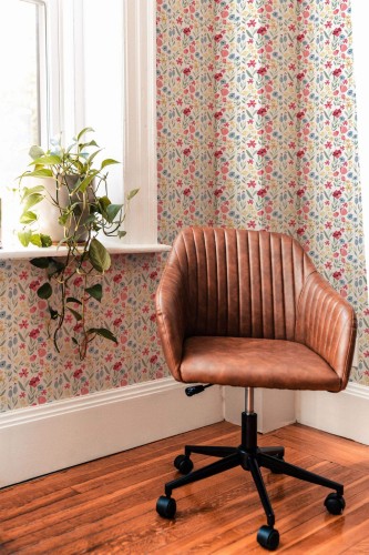 Mid-century modern style living room decorated with Multicolor wildflower peel and stick wallpaper