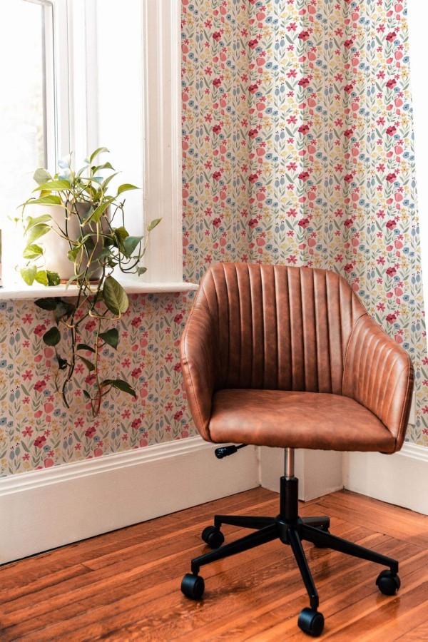 Mid-century modern style living room decorated with Multicolor wildflower peel and stick wallpaper