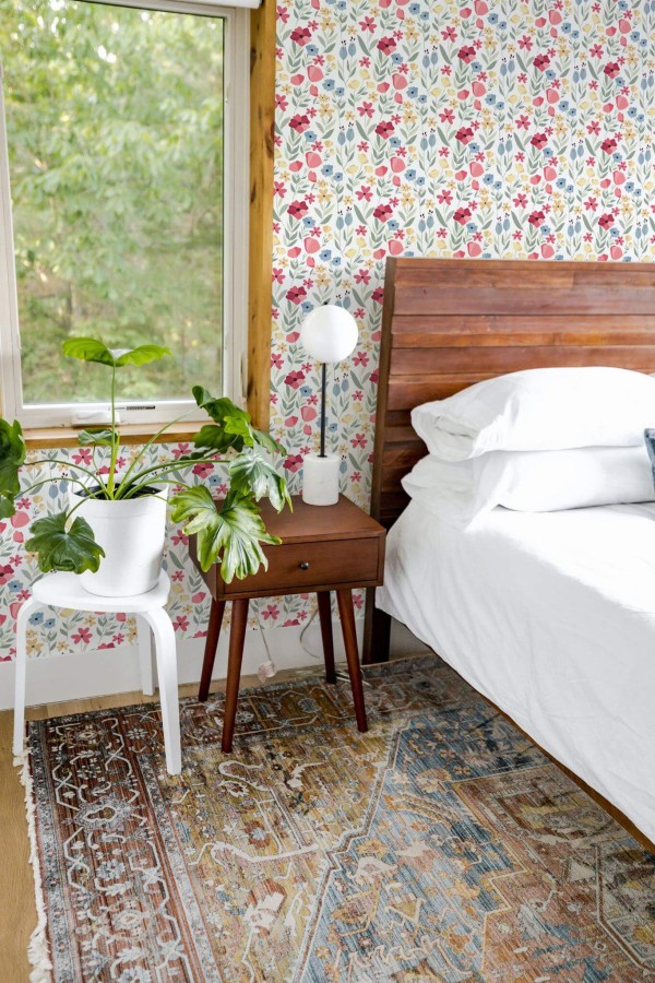 Rustic style bedroom decorated with Multicolor wildflower peel and stick wallpaper
