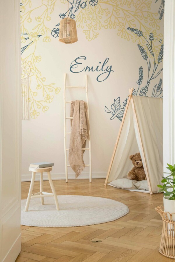 Fancy Walls' self-adhesive wall mural with modern floral patterns for {Your Baby Girl Name}