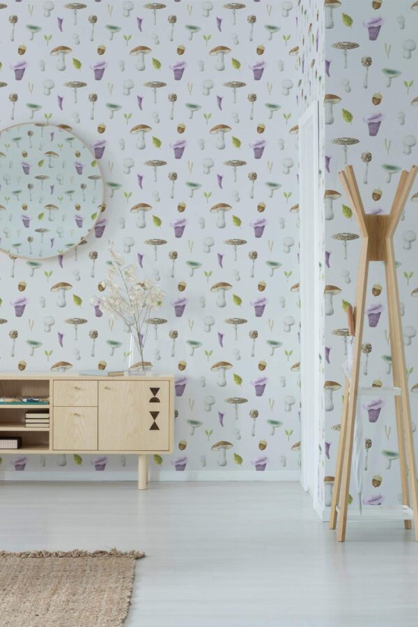 Minimal style entryway decorated with Mushroom nursery peel and stick wallpaper