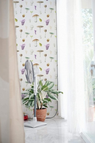 Minimal style living room decorated with Mushroom nursery peel and stick wallpaper