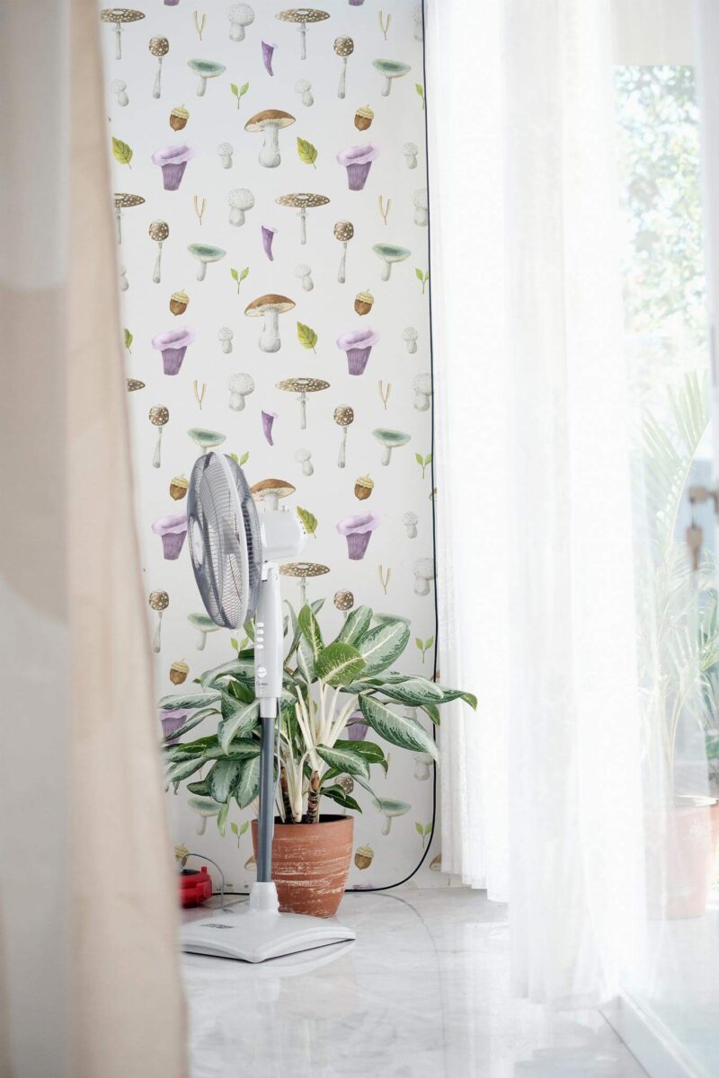 Minimal style living room decorated with Mushroom nursery peel and stick wallpaper
