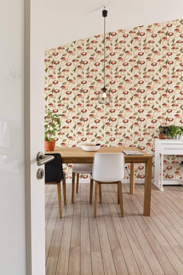 Minimal farmhouse style dining room decorated with Mushroom peel and stick wallpaper