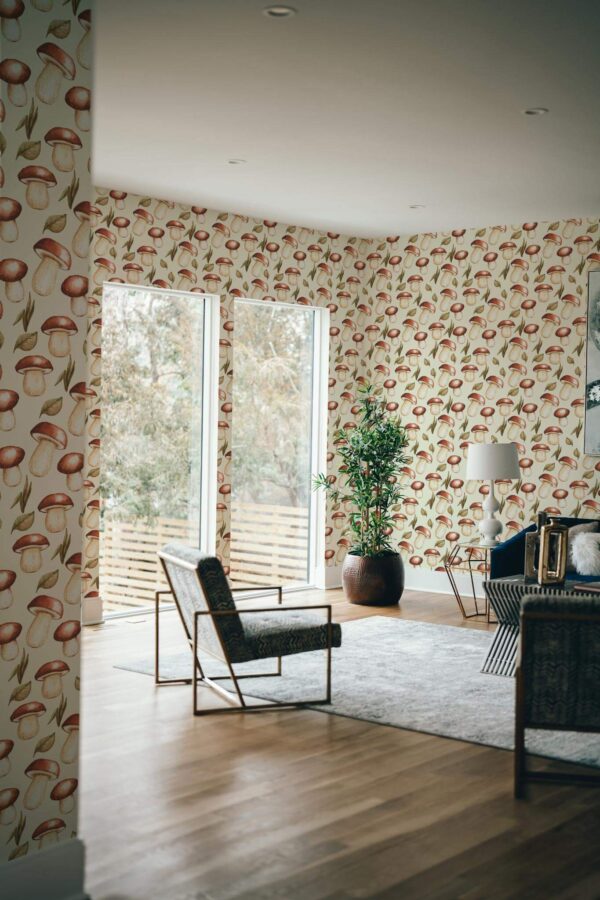 Modern style living room decorated with Mushroom peel and stick wallpaper