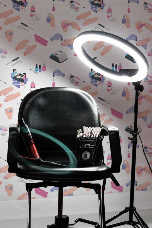 Industrial style beauty salon decorated with Nail salon peel and stick wallpaper