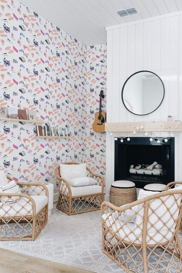 Minimal bohemian style living room decorated with Nail salon peel and stick wallpaper
