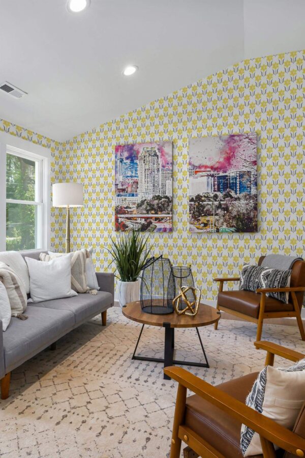 Mid-century modern style living room decorated with Narcissus peel and stick wallpaper and colorful funky artwork