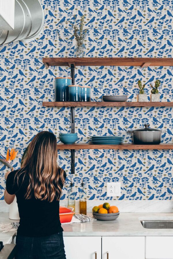 Traditional wallpaper with blue bird pattern for kitchen walls from Fancy Walls