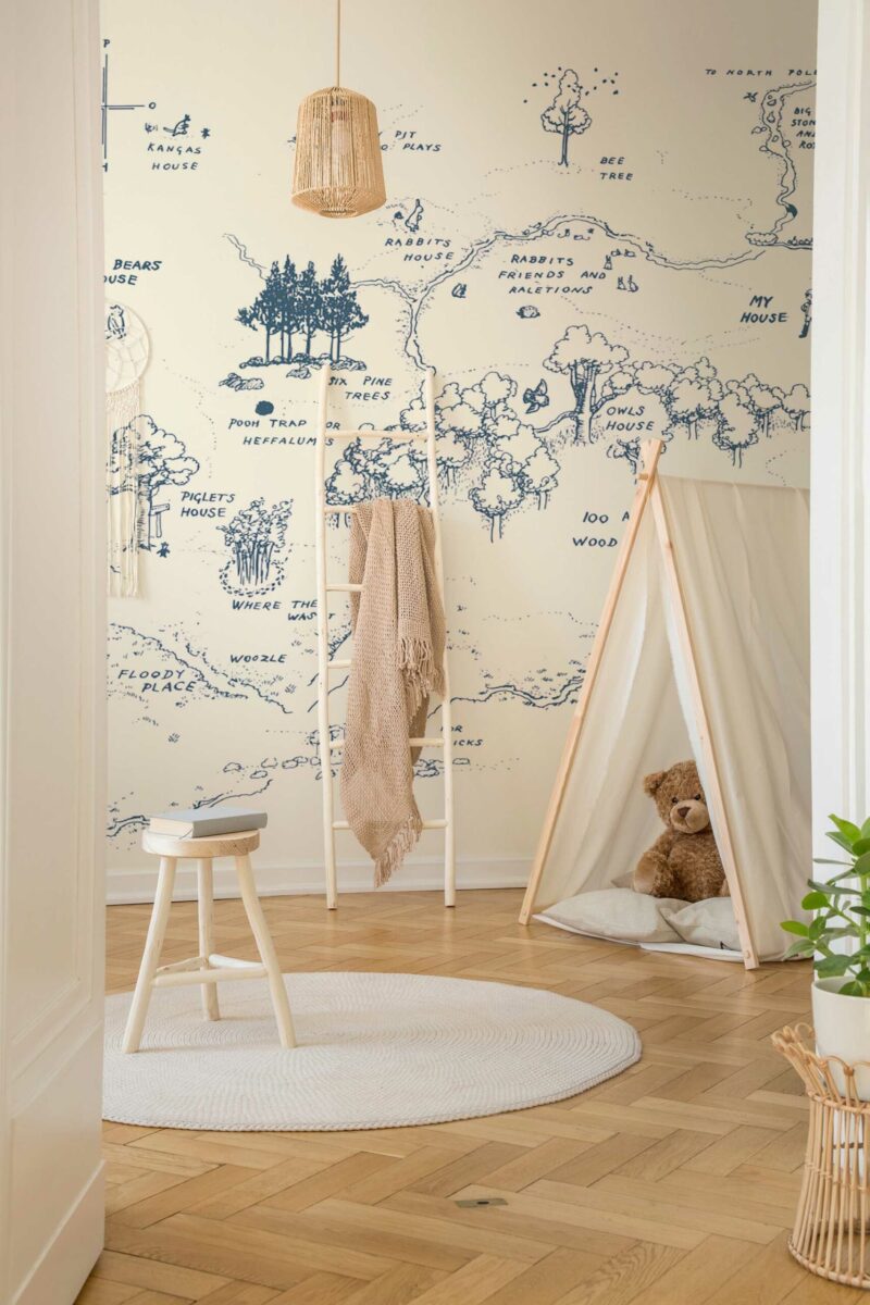 Vintage Cartographic Winnie-the-Pooh book peel and stick or non-pasted wall mural. Removable retro cartoon map wall mural for nursery or kids room.