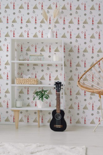 Minimal boho style living room decorated with Nautical lighthouse peel and stick wallpaper