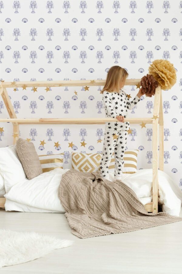 Bohemian style kids room decorated with Nautical lobster peel and stick wallpaper