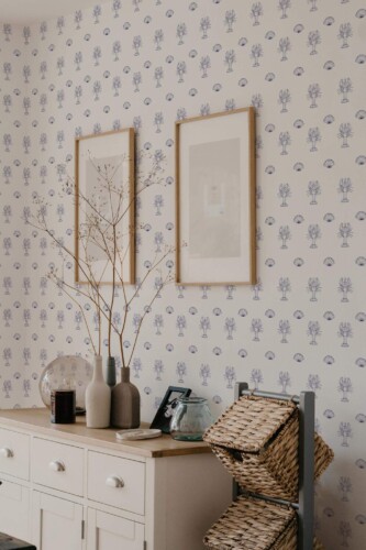Scandinavian style bedroom decorated with Nautical lobster peel and stick wallpaper