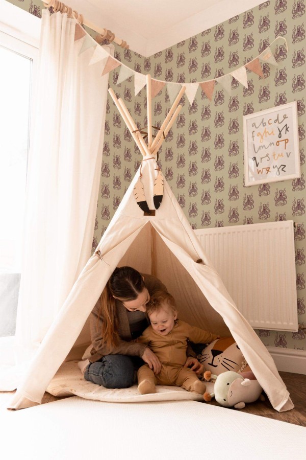 Bohemian style kids room decorated with Nautical octopus peel and stick wallpaper