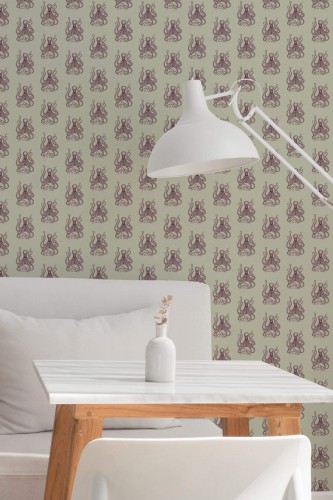 Minimal style dining room decorated with Nautical octopus peel and stick wallpaper
