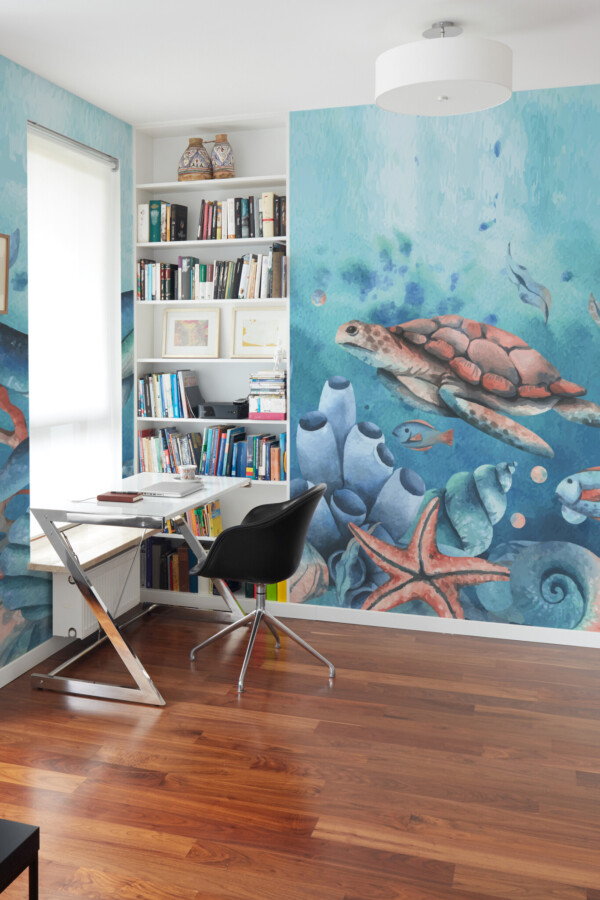 Fancy Walls whale and turtle ocean scene wall mural peel and stick