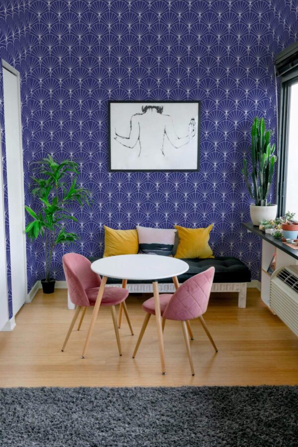 Eclectic style living room decorated with Navy Art Deco peel and stick wallpaper