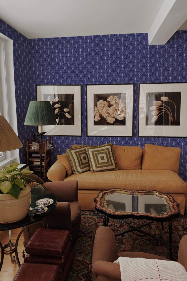 Mid-century eclectic style living room decorated with Navy Art Deco peel and stick wallpaper