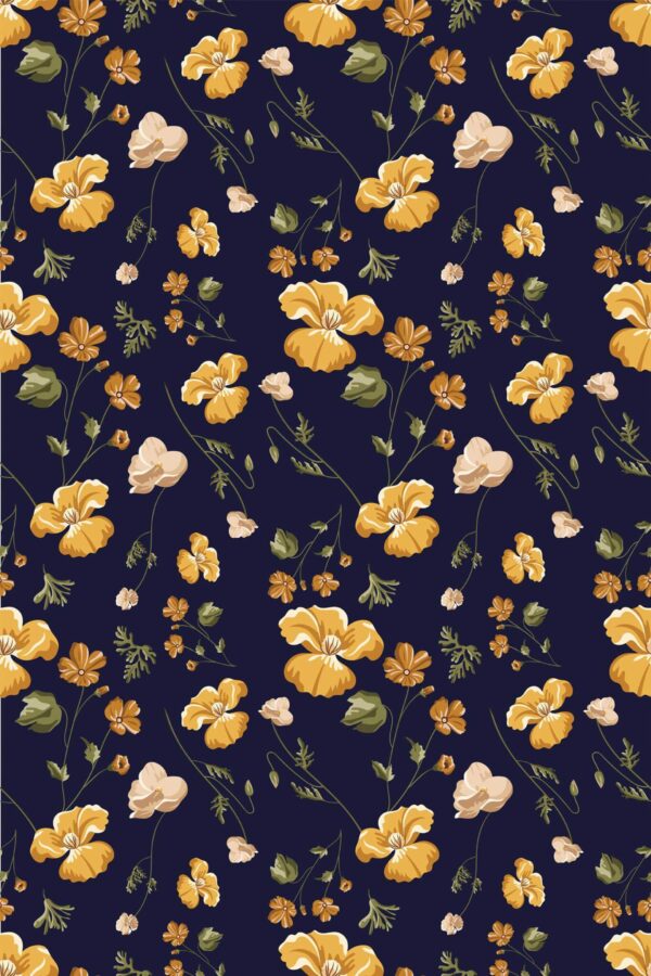 Pattern repeat of Navy blue aesthetic floral removable wallpaper design