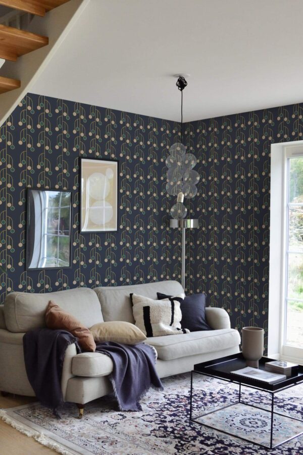 Contemporary style living room and kitchendecorated with Navy blue Art deco peel and stick wallpaper