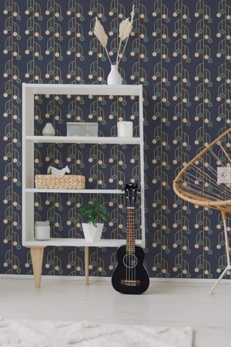 Minimal boho style living room decorated with Navy blue Art deco peel and stick wallpaper
