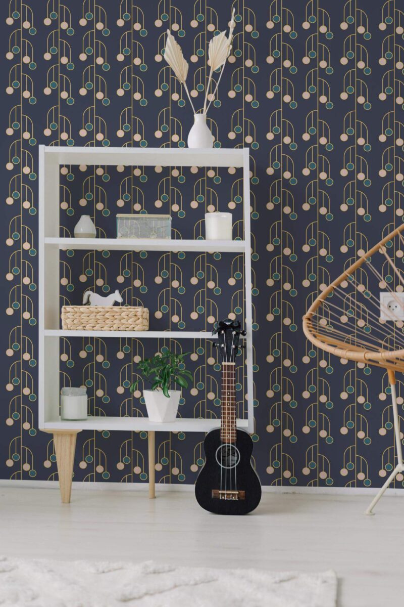 Minimal boho style living room decorated with Navy blue Art deco peel and stick wallpaper