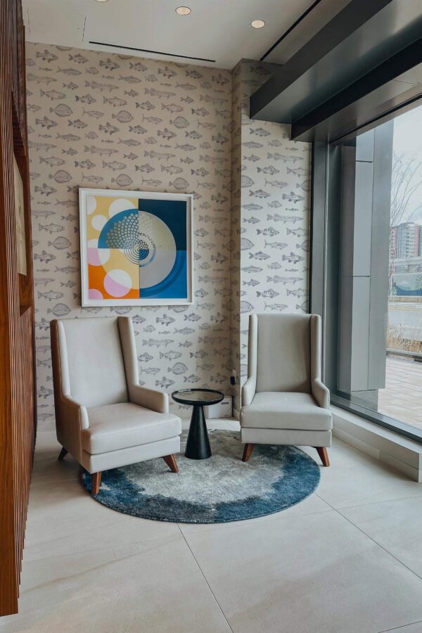 Mid-century-modern style living room decorated with Navy blue fish peel and stick wallpaper