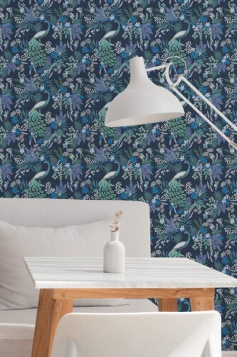 Minimal style dining room decorated with Navy peacock peel and stick wallpaper