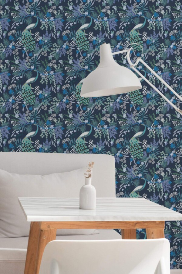 Minimal style dining room decorated with Navy peacock peel and stick wallpaper