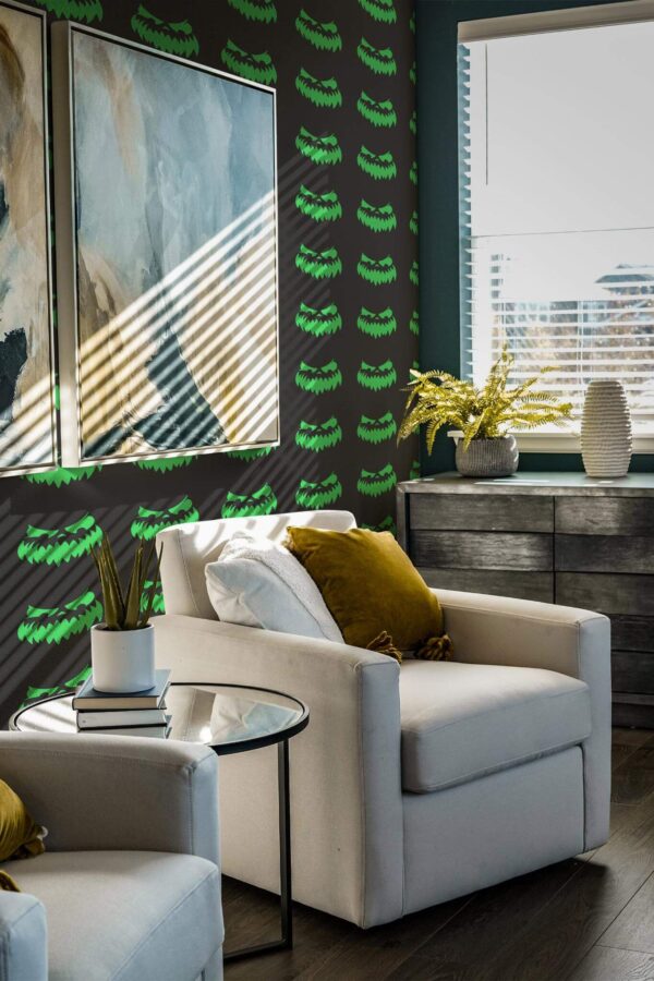 Shabby chic style living room decorated with Neon green ghost peel and stick wallpaper