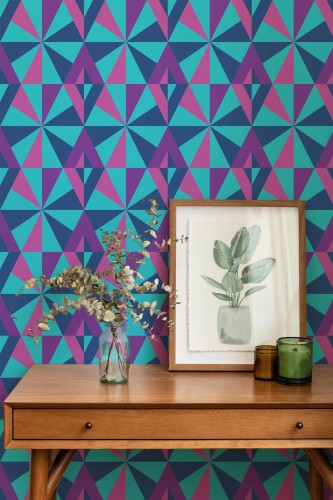 Mid-century modern style living room decorated with Neon retro peel and stick wallpaper
