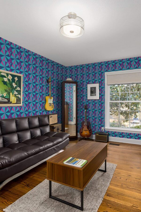 Mid-century style living room decorated with Neon retro peel and stick wallpaper and music instruments
