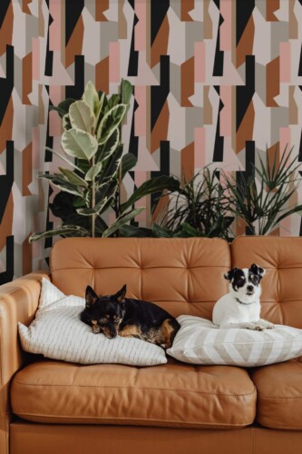 Mid-century modern style living room decorated with Neutral abstract peel and stick wallpaper