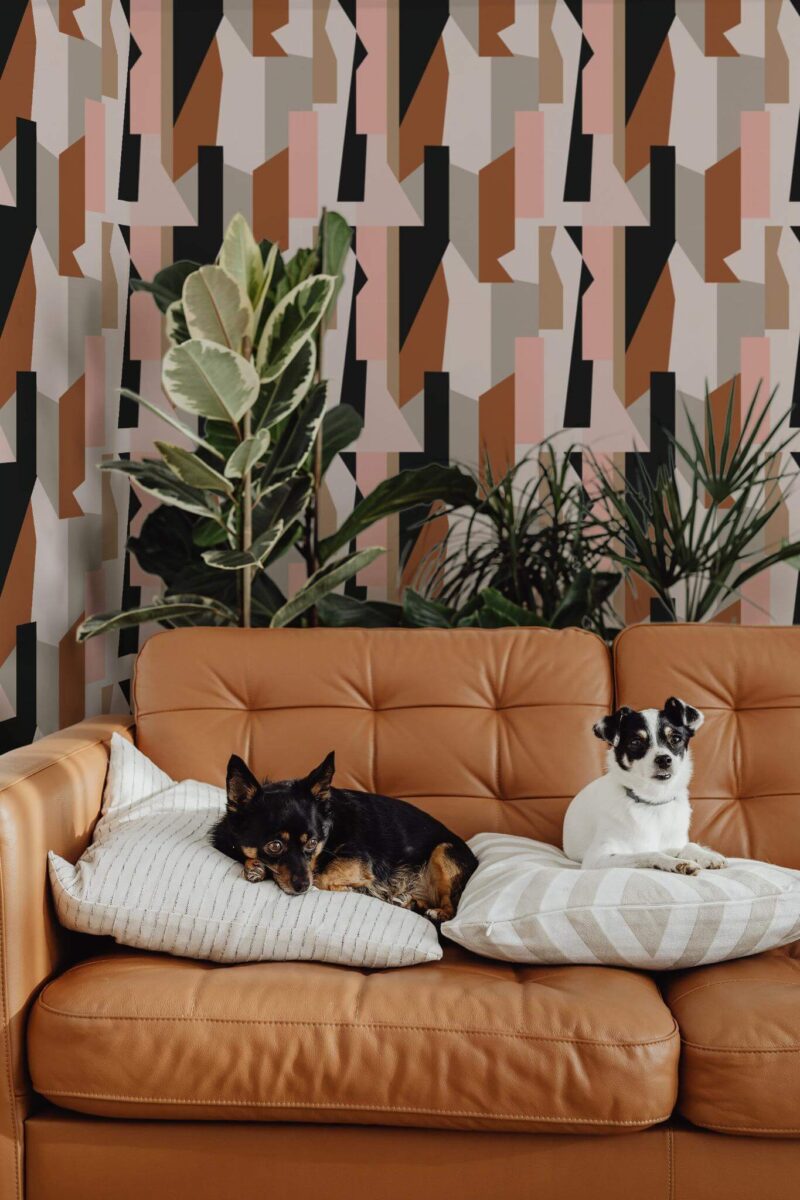 Mid-century modern style living room decorated with Neutral abstract peel and stick wallpaper