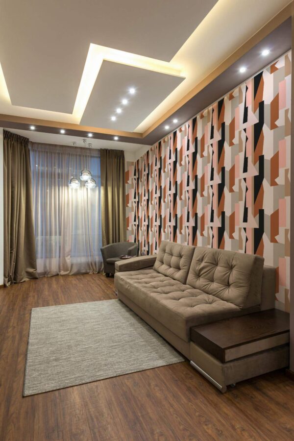 Modern Eastern European style living room decorated with Neutral abstract peel and stick wallpaper
