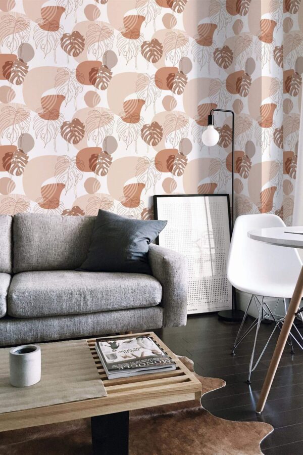 Industrial scandinavian style living room decorated with Neutral aesthetic boho peel and stick wallpaper