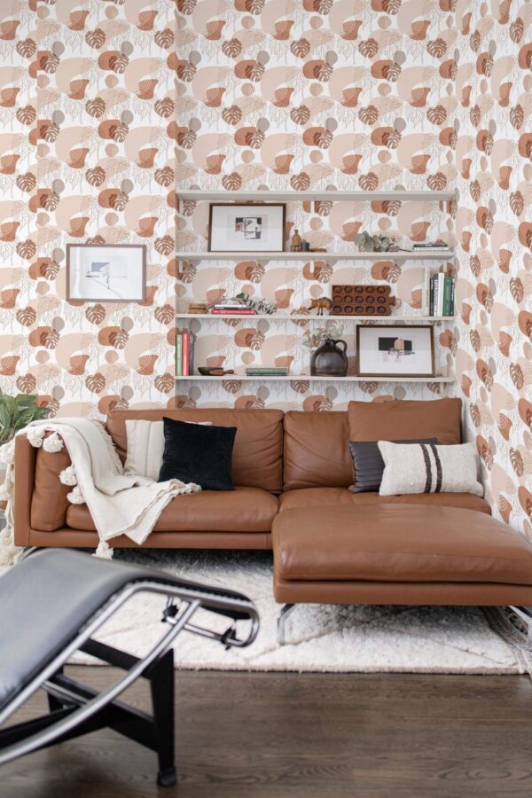 Mid-century modern style dining room decorated with Neutral aesthetic boho peel and stick wallpaper