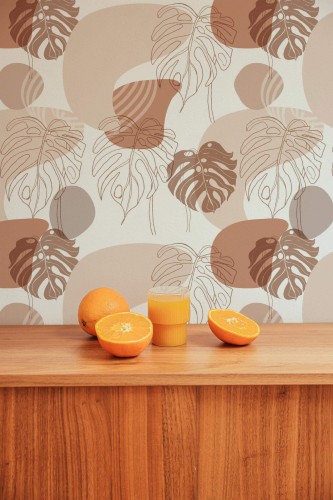 Mid-century style living room decorated with Neutral aesthetic boho peel and stick wallpaper