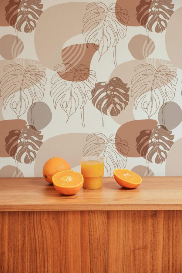 Mid-century style living room decorated with Neutral aesthetic boho peel and stick wallpaper