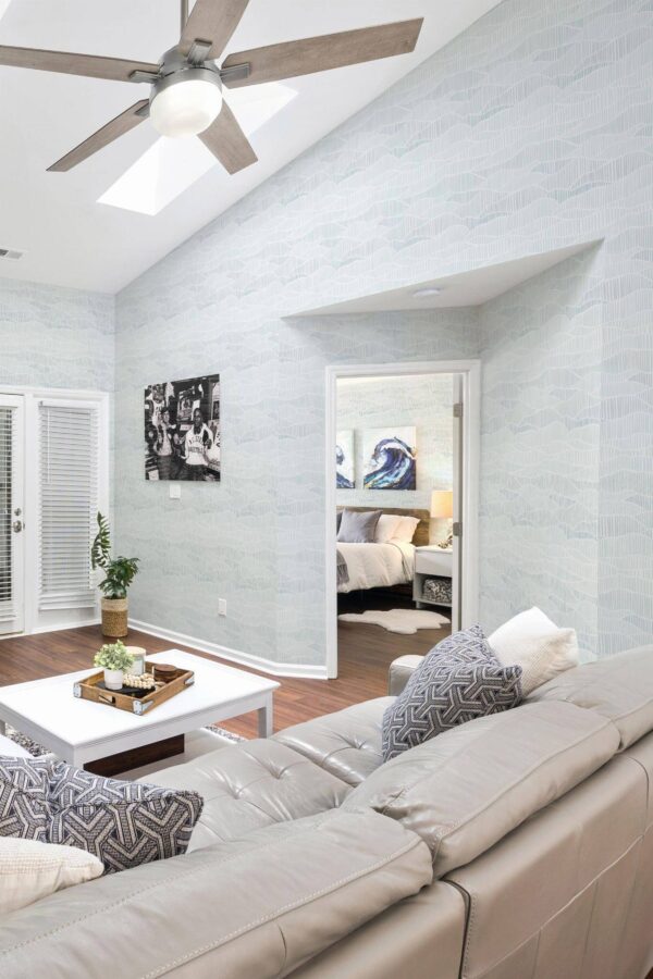Coastal scandinavian style living room and bedroom decorated with Neutral blue line art peel and stick wallpaper