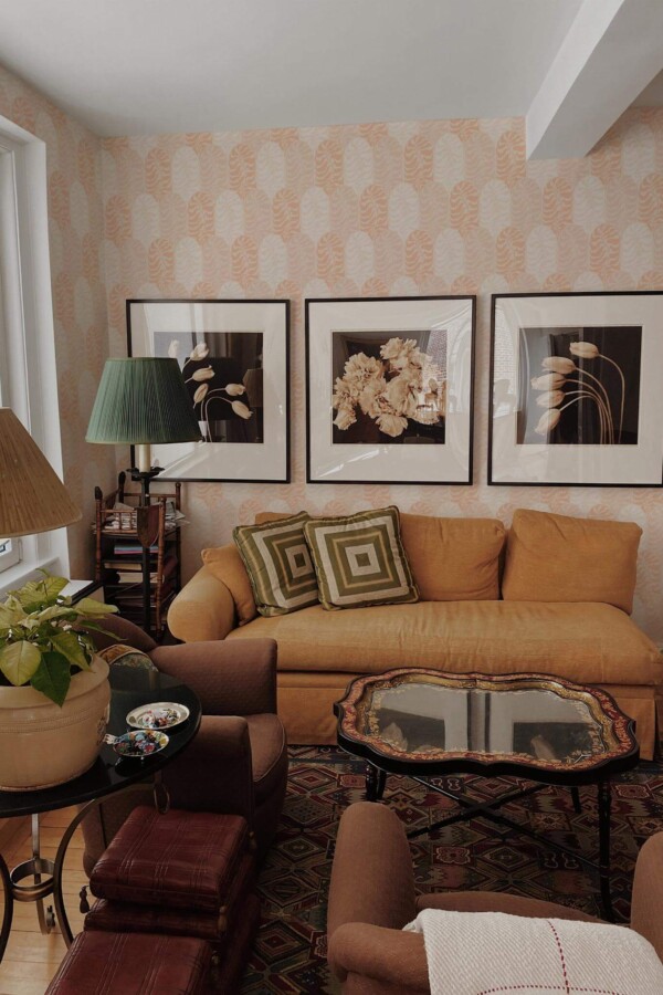 Mid-century eclectic style living room decorated with Neutral boho leaf peel and stick wallpaper
