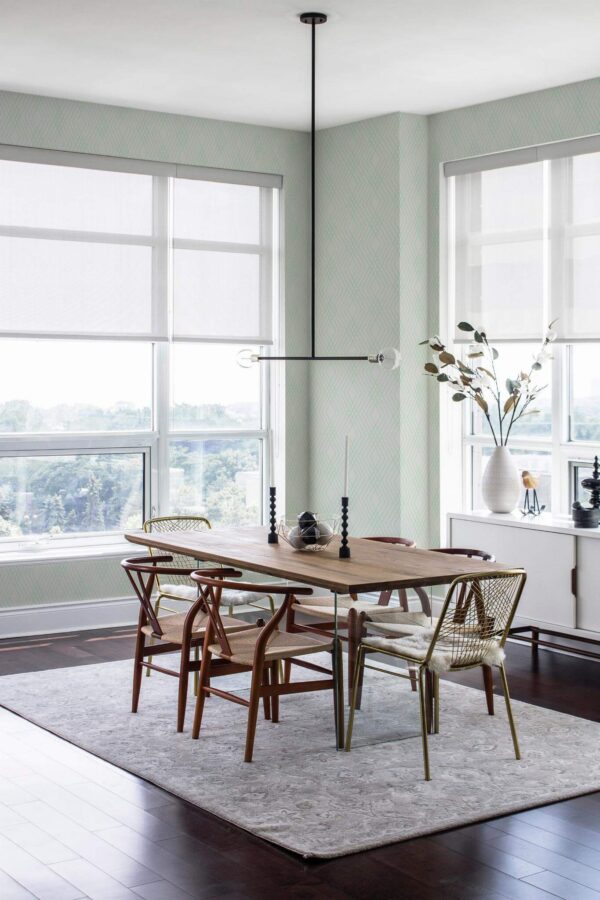 Modern minimalist style dining room decorated with Neutral fine lines peel and stick wallpaper