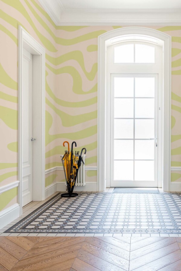 Neutral groove mural for wall with green hues by Fancy Walls