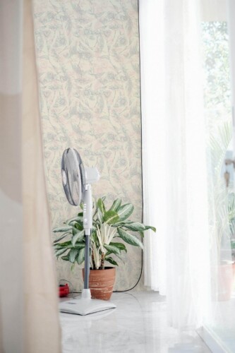 Minimal style living room decorated with Neutral nursery peel and stick wallpaper