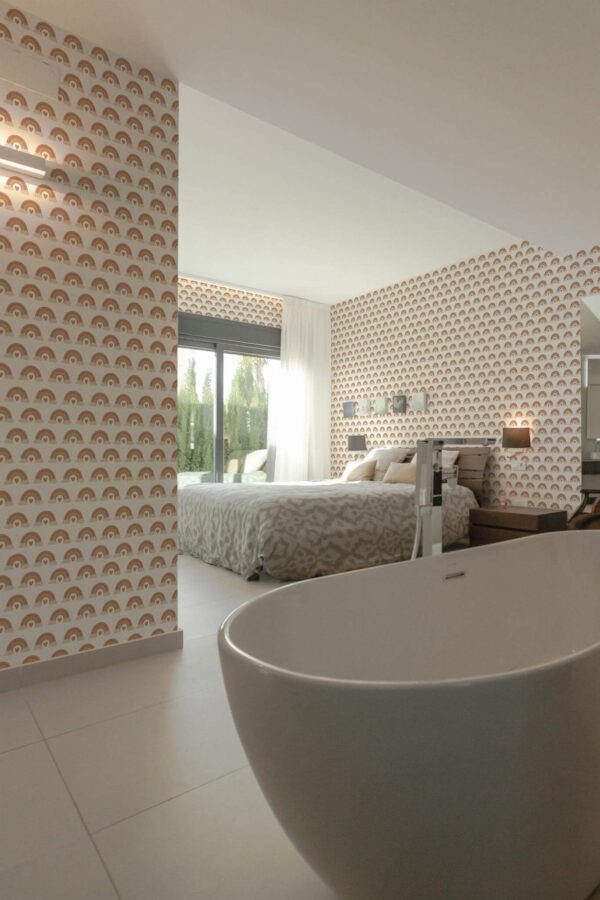 Modern style bedroom with open bathroom decorated with Neutral rainbow peel and stick wallpaper
