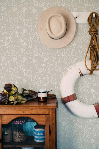 Coastal nautical style living room decorated with Neutral shapes peel and stick wallpaper